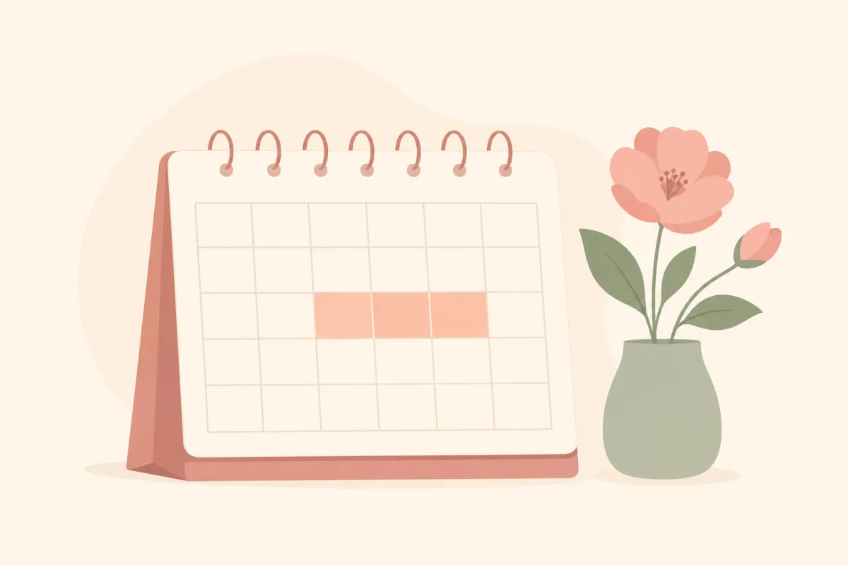 Kalender med markerede dage midt i måneden og en lille blomst