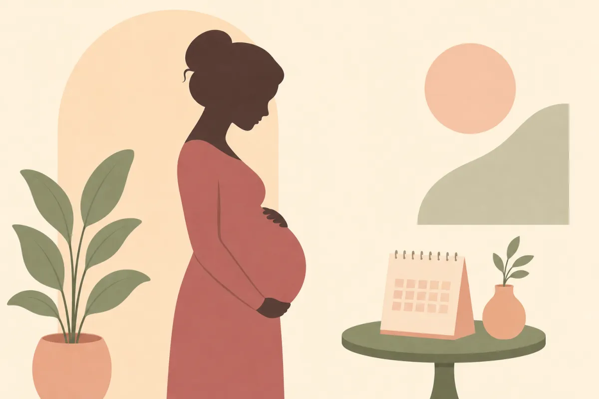 Gravid mave i profil tegnet med enkle former og en lille kalender